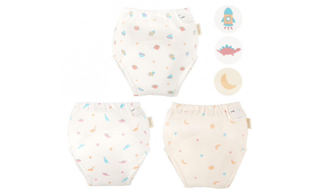 【90サイズ】「おねむうパンツ」4重トレーニングパンツ3枚セット&nbsp;・A（スペース、ザウルス、ムーンスター）