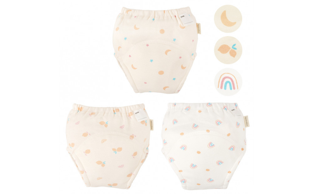【90サイズ】「おねむうパンツ」4重トレーニングパンツ3枚セット&nbsp;・C（ムーンスター、レモン、虹）