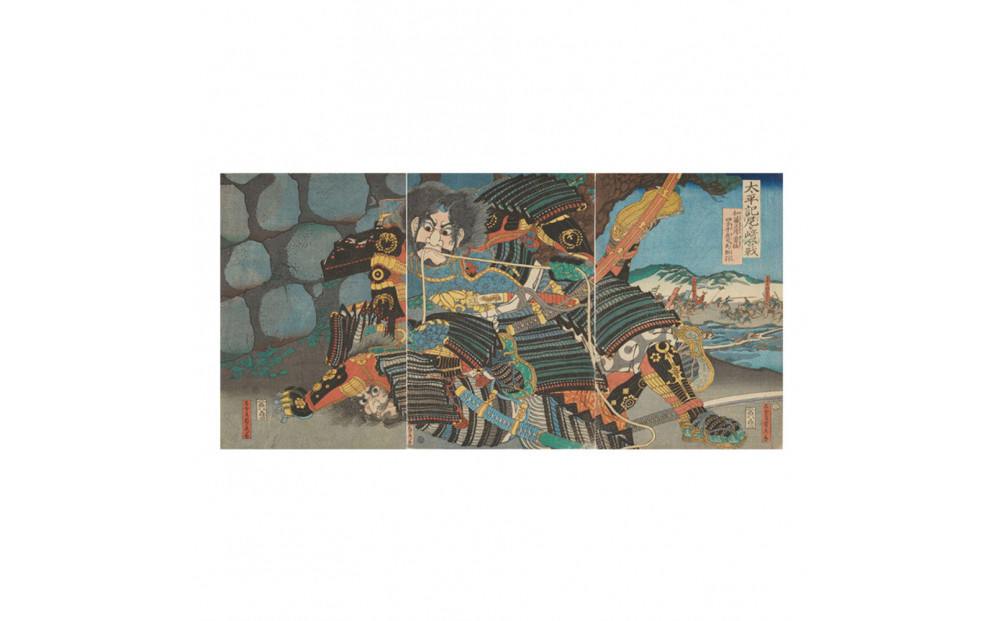 オリジナル【レプリカ浮世絵（3枚絵）歌川貞秀作「太平記尼ヶ崎合戦&nbsp;加藤清正勇猛四方手左司馬組討」】／名古屋刀剣博物館