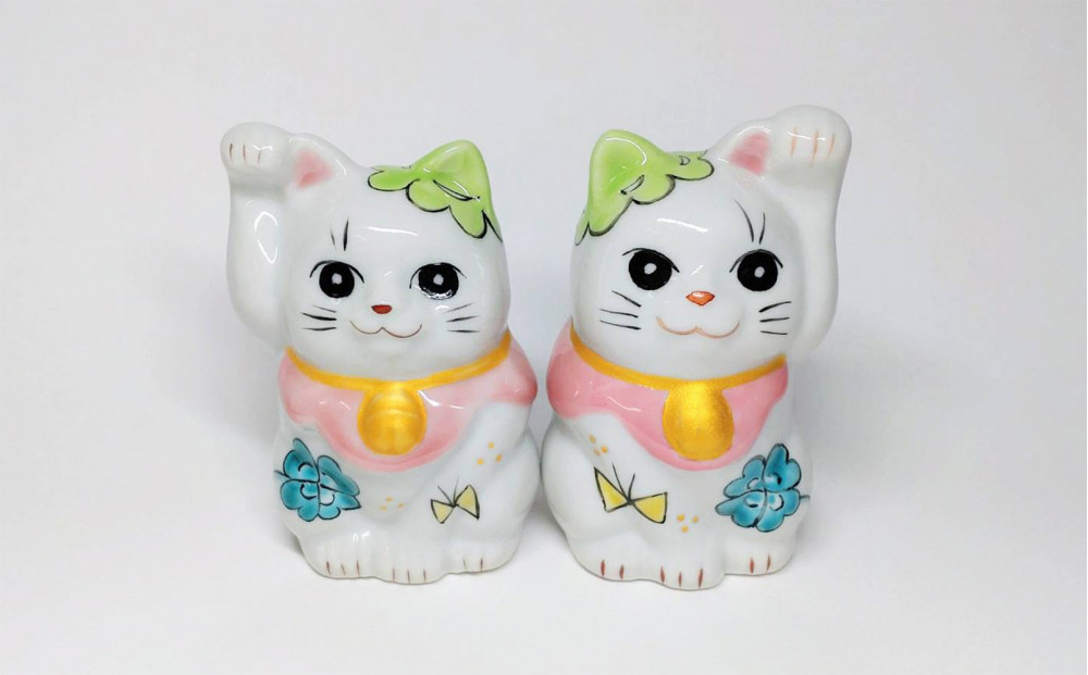 九谷焼　ペア招き猫　クローバー