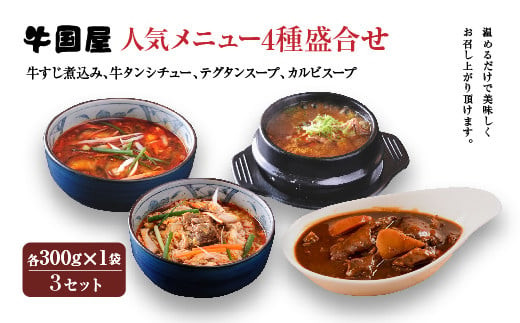 【牛国屋】人気メニュー4種盛合せ（牛すじ煮込み、牛タンシチュー、テグタンスープ、カルビスープ）　各300g×1袋×3セット