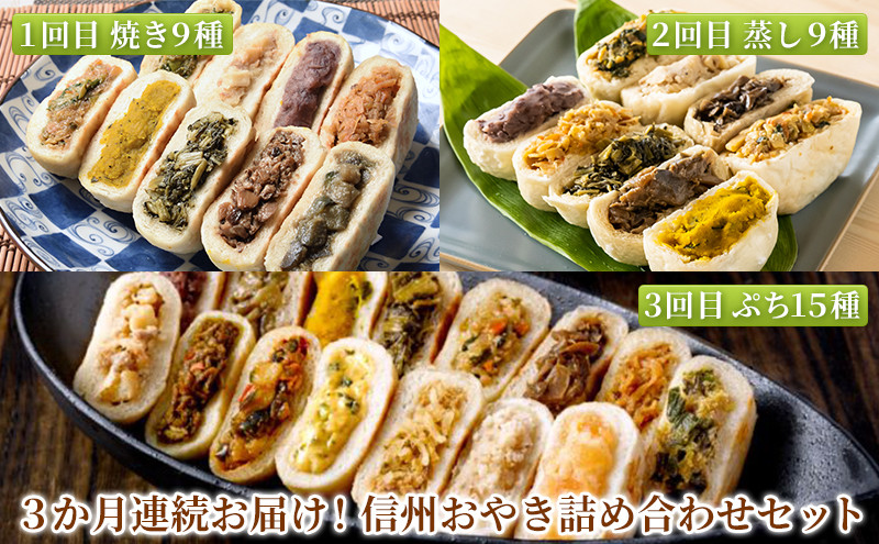 【定期便】3か月連続お届け！信州おやき詰め合わせセット【1回目】信州おやき&nbsp;9種&nbsp;詰合わせ（&nbsp;焼きタイプ&nbsp;）【2回目】信州おやき&nbsp;9種&nbsp;詰合わせ（&nbsp;蒸しタイプ&nbsp;）【3回目】ぷちおやき15種詰合わせ（小さいおやき）