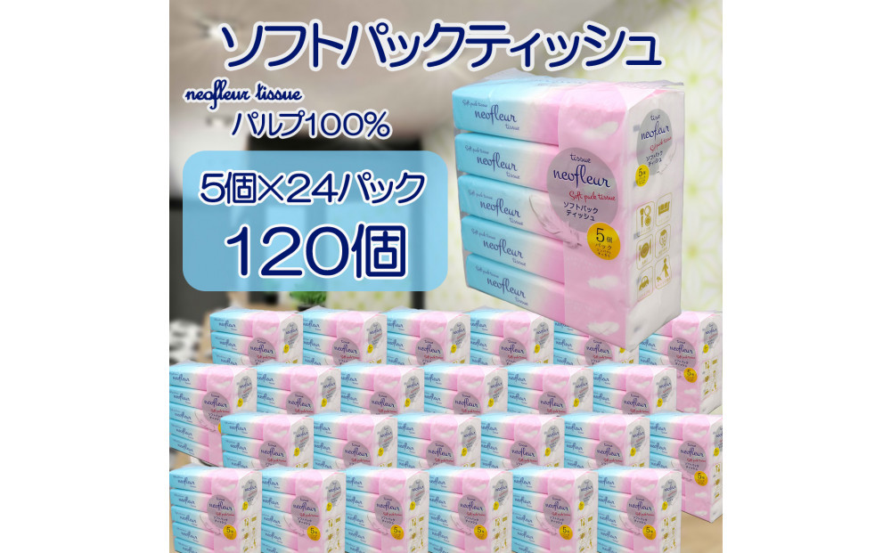 ソフトパックティッシュ　5個パック（コンパクト）×24セット(120個）&nbsp;フィルム包装&nbsp;ティッシュペーパー&nbsp;箱なし