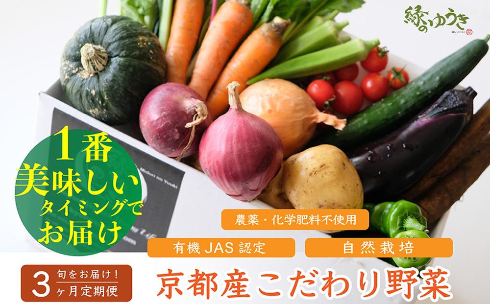 ＜3か月定期便＞【緑のゆうき】購入された野菜の売上の1％が、社会貢献に&nbsp;京都産のこだわり野菜（有機野菜、栽培期間中農薬・化学肥料不使用など）を&nbsp;美味しいタイミングで収穫したセット