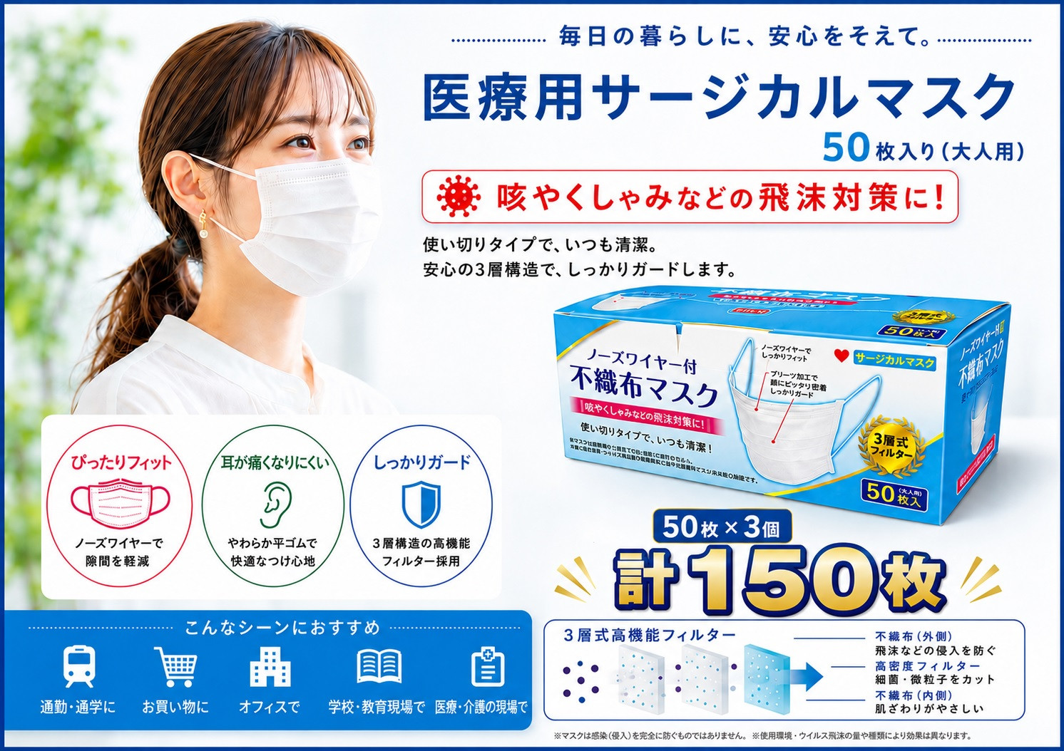 不織マスク５０枚大人用（サージカルマスク）3個