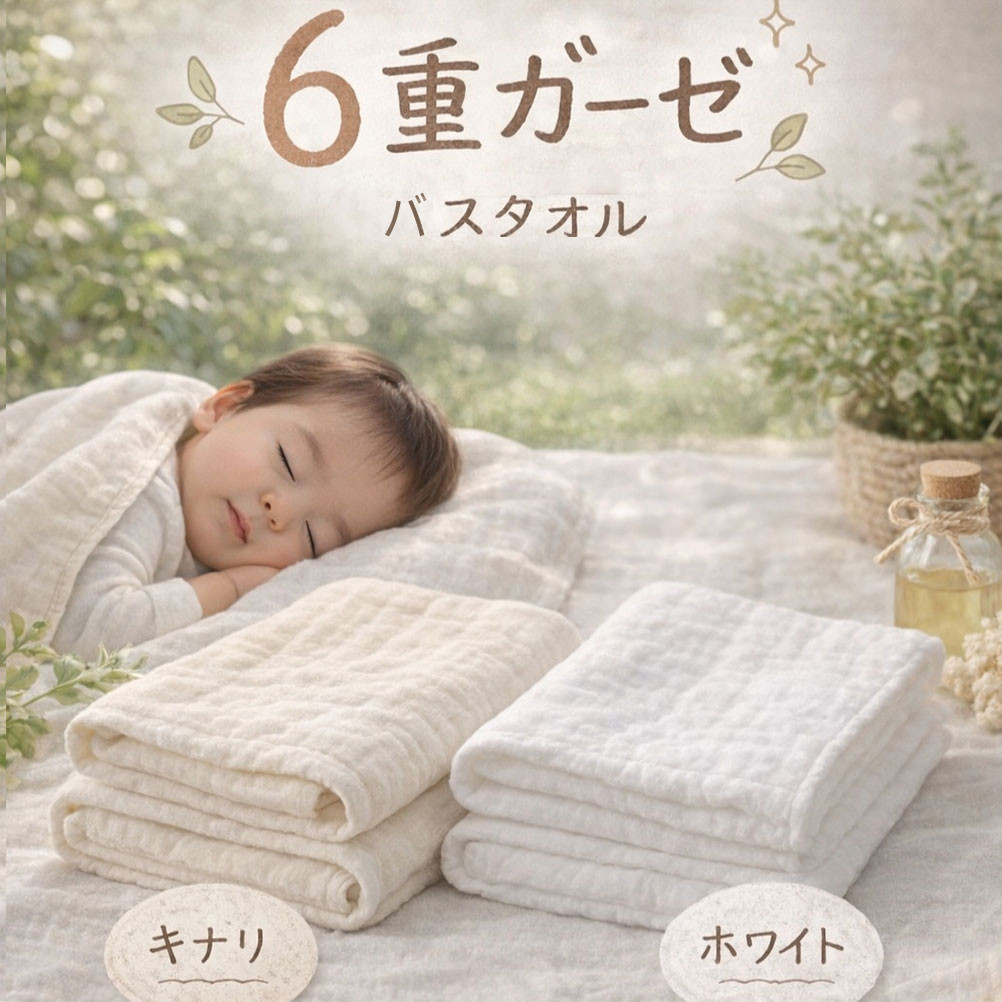 「和」綿100％&nbsp;6重ガーゼ&nbsp;バスタオル&nbsp;ホワイト&nbsp;オーガニックコットン