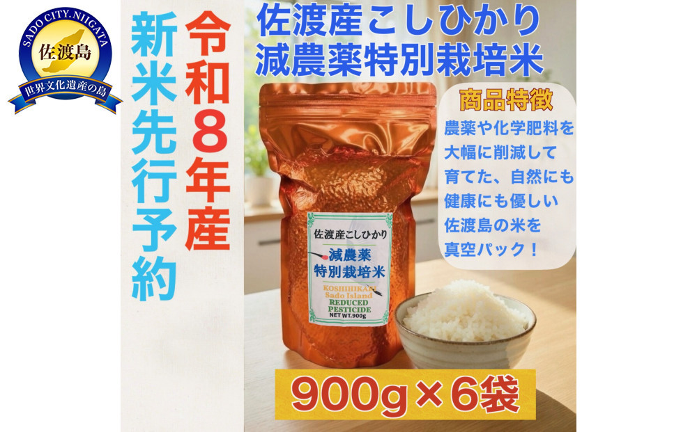 【令和8年産新米・先行予約】佐渡島産&nbsp;減農薬特別栽培米こしひかり&nbsp;真空パック&nbsp;900g×6袋セット