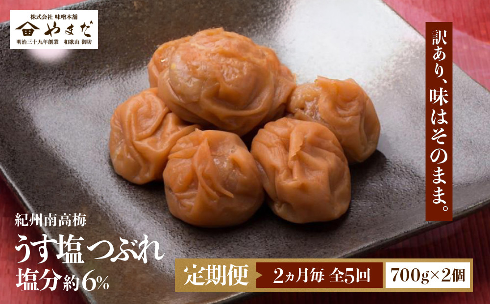 【定期便・2ヵ月毎&nbsp;全5回】ご家庭用&nbsp;紀州南高梅&nbsp;うす塩&nbsp;つぶれ&nbsp;700g×2&nbsp;［YM15］