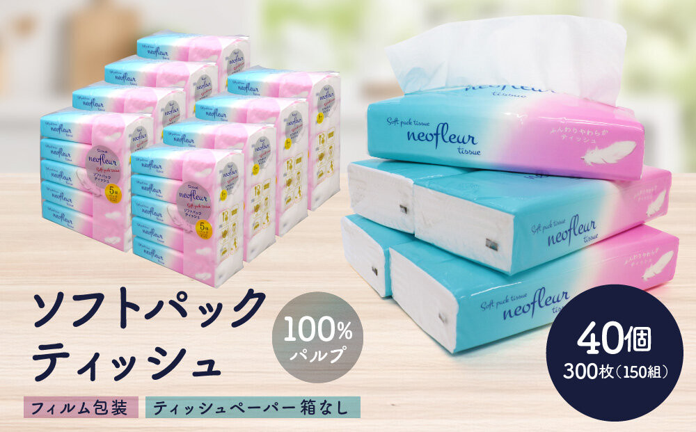 ソフトパックティッシュ　5個パック（コンパクト）×8セット(40個）&nbsp;フィルム包装&nbsp;ティッシュペーパー&nbsp;箱なし