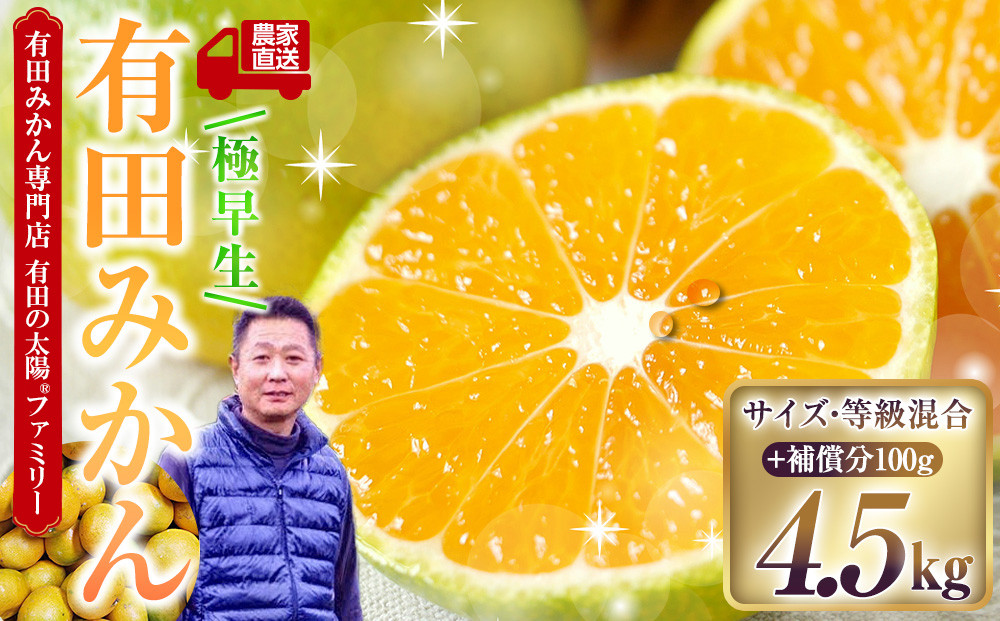 有田みかん専門店&nbsp;有田の太陽®ファミリー&nbsp;極早生&nbsp;有田みかん&nbsp;4.5kg＋補償分100g&nbsp;山採れ・サイズ・等級&nbsp;混合