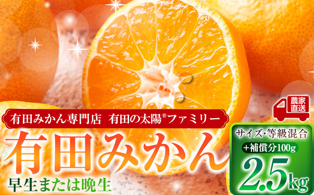 有田みかん専門店&nbsp;有田の太陽®ファミリー&nbsp;早生または晩生&nbsp;有田みかん&nbsp;2.5kg＋補償分100g&nbsp;山採れ・サイズ・等級&nbsp;混合
