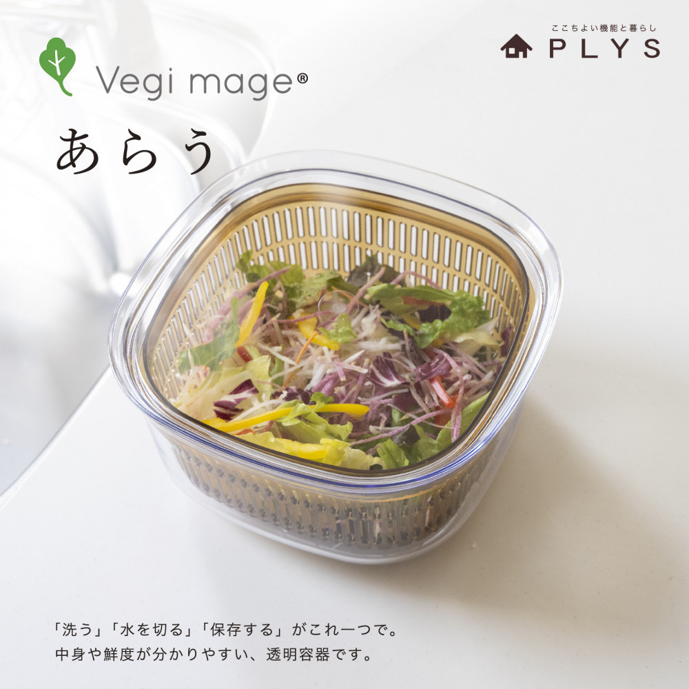 【ブラウン】ベジマジあらう&nbsp;21cm&nbsp;野菜保存容器&nbsp;ボウル&nbsp;ザル&nbsp;セット&nbsp;フタ付き&nbsp;透明