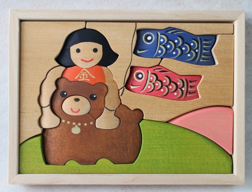 手作りの木工パズル 金太郎とクマ