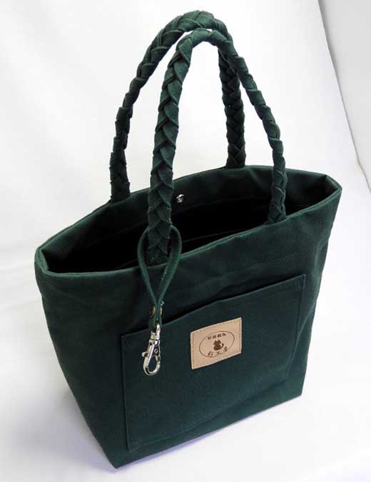 ☆三つ編みの持ち手と猫ロゴが可愛いプチトート 緑 [尾道 帆布鞄 彩 