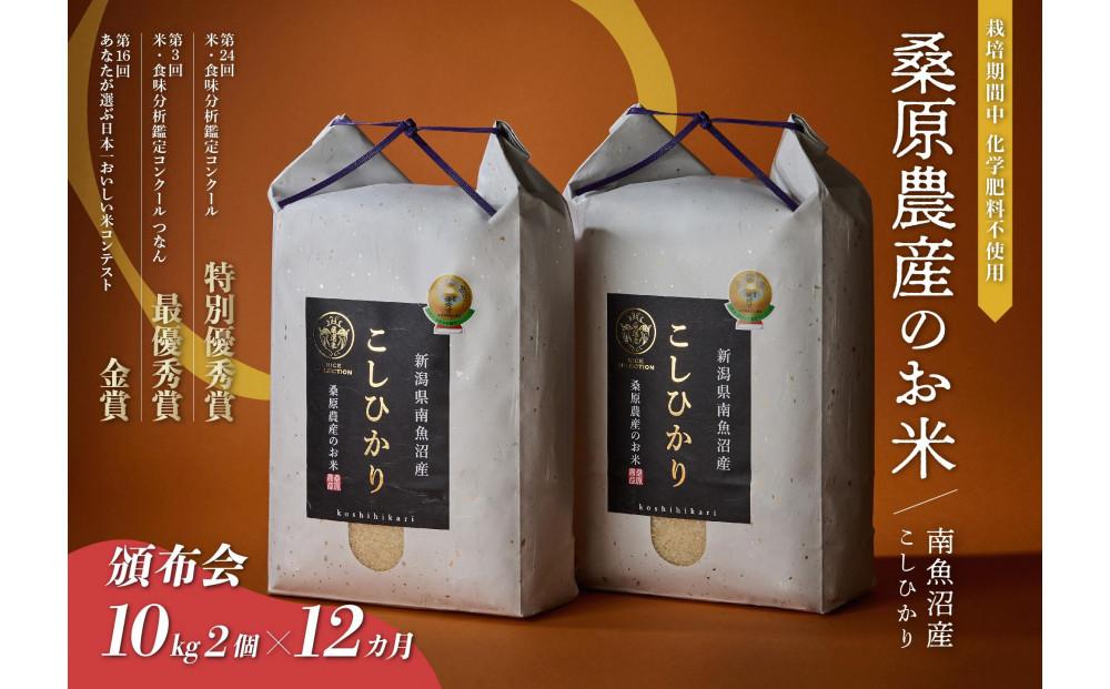 【頒布会】最優秀賞受賞【8割減農薬】最高峰南魚沼産こしひかり20kg(10kg×2）×12ヶ月　桑原農産のお米(精米)