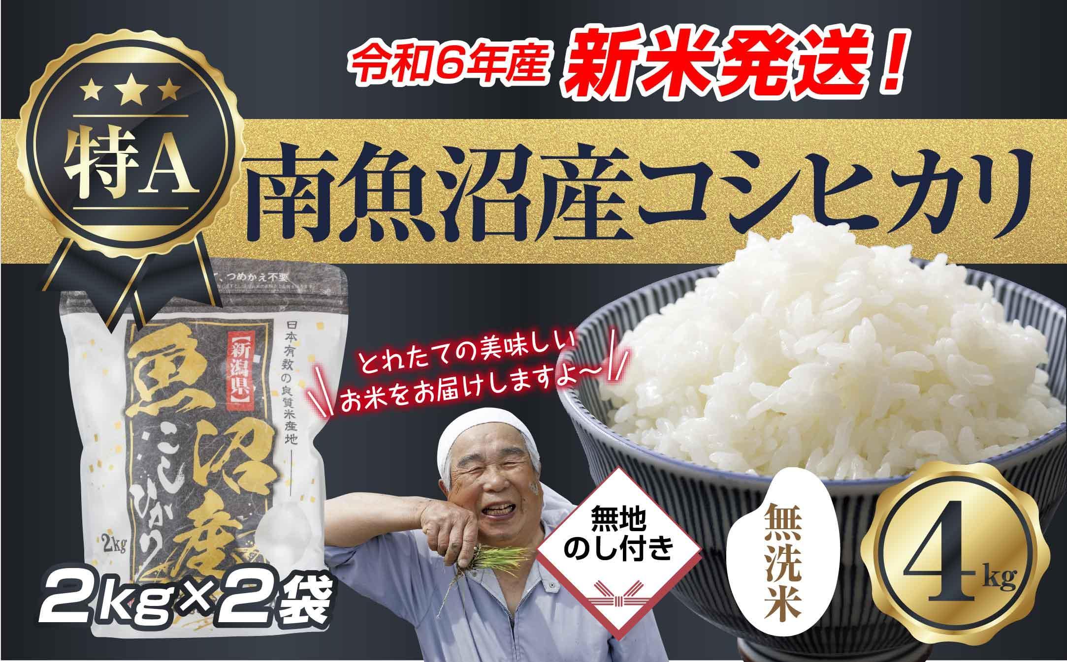 【新米発送】無地のし 「無洗米」  令和6年産 新潟県 南魚沼産 コシヒカリ お米 2kg×2袋 計 4kg 精米済み（お米の美味しい炊き方ガイド付き） お米 こめ 白米 新米 こしひかり 食品 人気 おすすめ 送料無料 魚沼 南魚沼 南魚沼市 新潟県産 新潟県 精米 産直 産地直送 お取り寄せ