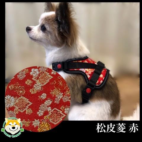 【柴犬コウタのハッピィショップ】小型犬用 京都西陣金襴織 ハーネス 華～HANA～ （松皮菱 赤）