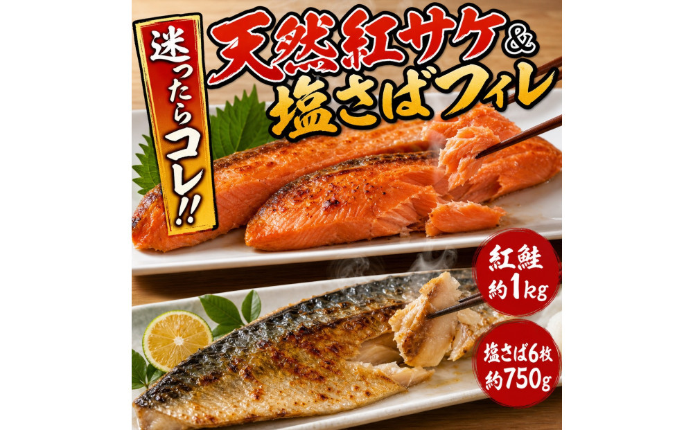 迷ったらコレ！！魚鶴商店の天然紅サケ１ｋｇ&nbsp;&&nbsp;塩さばフィレ６枚セット