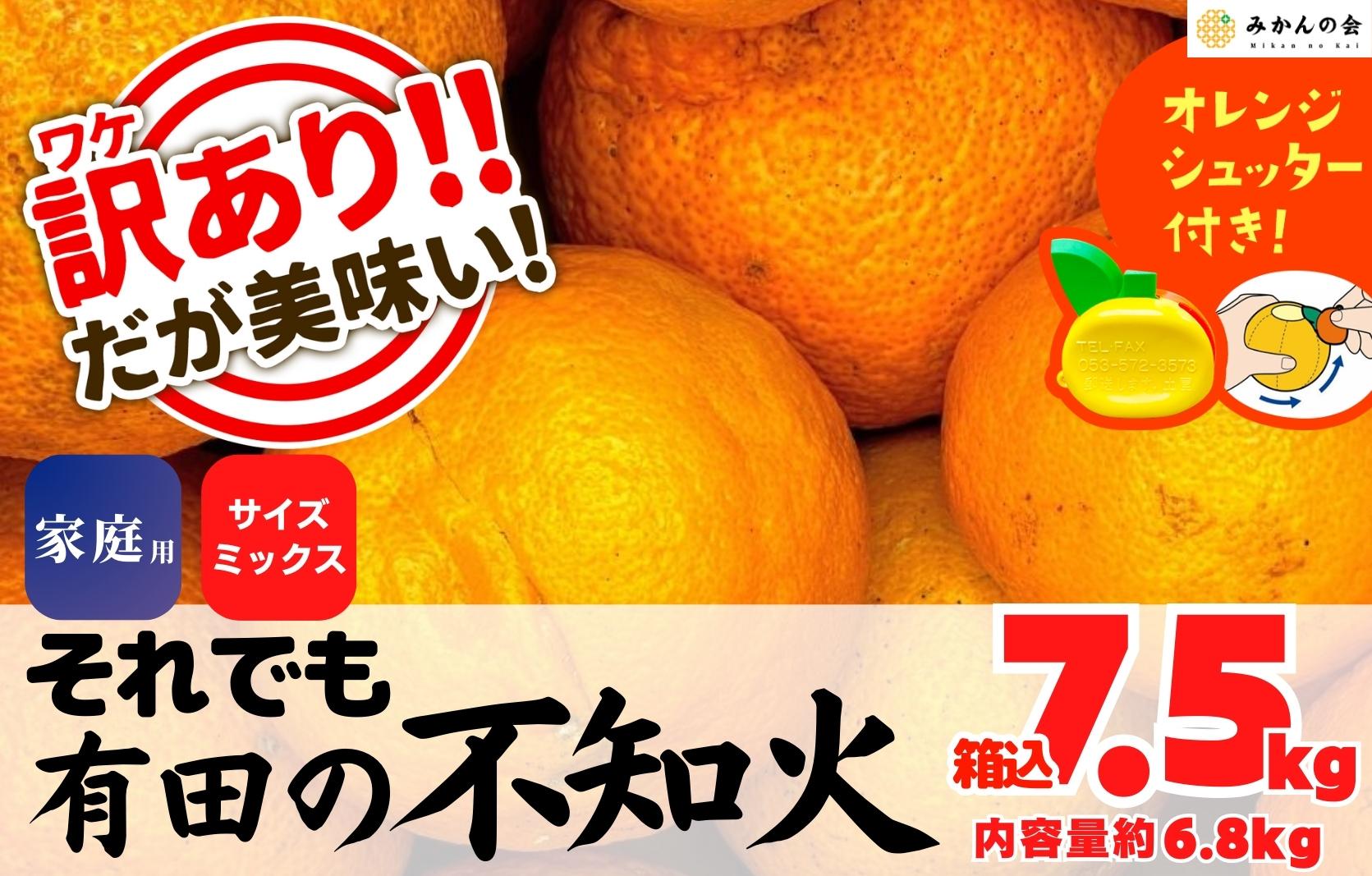 不知火 訳あり それでも 有田の不知火 箱込 7.5kg(内容量約 6.8kg) サイズミックス 和歌山県産 産地直送 【みかんの会】