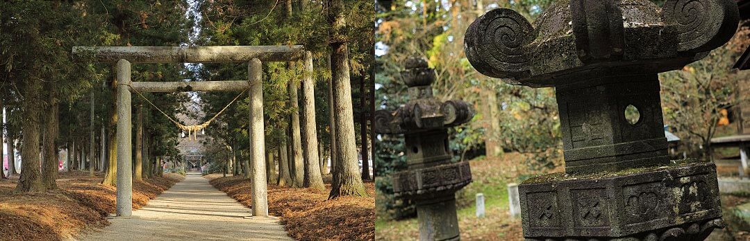 〈左下〉一の鳥居から本殿に向かってまっすぐに伸びる那須神社の参道　〈右下〉拝殿前の石灯籠は寛永19年（1642）に黒羽藩主大関高増によって奉納されたもの