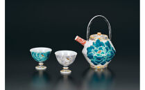 酒器揃　碧紫牡丹図　佐藤剛志&nbsp;民芸品&nbsp;工芸品&nbsp;雑貨&nbsp;日用品&nbsp;徳利&nbsp;お猪口&nbsp;鮮やか