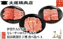 伊賀牛 A5 ヒレ・サーロイン・イチボ 焼肉セットA 計約1kg【最高級部位3種食べ比べ】