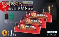 訳あり 九州産うなぎ備長炭手焼蒲焼３尾　合計1000g以上