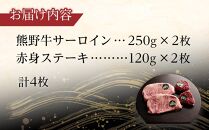 熊野牛 セット サーロイン 250g 2枚 赤身ステーキ 120g 2枚 【入金確認後10日以内に発送】