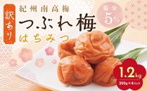 【定期便4回 2ヶ月に1回】紀州南高梅 訳あり はちみつ梅 塩分5％ 1.2kg（300g×4パック）和歌山県産 うめぼし 梅干し 梅 送料無料 ふるさと納税 はちみつ ハチミツ 減塩 つぶれ梅 梅干 訳アリ わけあり セット お取り寄せ ご当地グルメ 和歌山県 白浜町