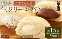 ＜究極のふわとろ食感＞清水屋 生クリームパン 15個 3種（カスタード・生クリーム・チョコ）