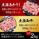 熟成肉　土佐あかうし＆土佐和牛2種食べ比べ　特選ヒレ肉サイコロステーキ　約2kg（約500g×各2）【ポイント交換専用】