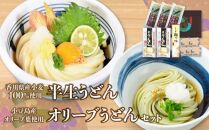 香川県産小麦100%半生うどん(6人前)、小豆島産オリーブ葉使用オリーブうどん(6人前)、濃縮つゆ付き