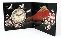 屏風時計富士に桜（木製・カシュー漆塗）【紀州漆器】