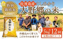 【令和６年産新米】佐渡島産 特別栽培米こしひかり「大野郷の米」精米5kg×12回 定期お届けコース