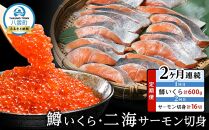 【定期便】鱒いくら・二海サーモン切身　2ヶ月連続発送 【 いくら 小分けパック 鱒いくら 小粒厳選 いくら醤油漬け いくら醤油漬 トラウトサーモン 北海道産 養殖サーモン 北海道 小分け 海産物 魚介類 水産物応援 水産物支援 】