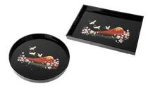 紀州漆器 長手盆 丸盆 2枚セット 富士に桜 (木製 カシュー漆塗り)［YS28］