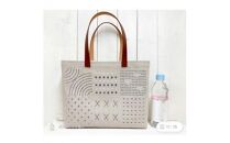 リネン　革持ち手刺し子トートバッグ&バッグinバッグ　(A4横長タイプ　パッチワーク柄　紺白)