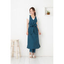 【ティールブルー】Vネックリボンロングエプロン（撥水・撥油）