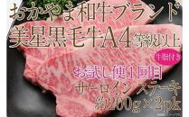 【定期便2か月】　岡山　黒毛和牛　美星牛　A４等級以上　牛脂付き　お試し定期便 合計約８００g（サーロイン約４００ｇしゃぶしゃぶすき焼き用約４００ｇ）生産者直送便  美星牧場　定期便