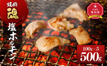 焼肉　魂　塩ホルモン100g×5 【 お肉 焼肉 焼き肉 やきにく タレ 漬け 付き 味付き にく 小分け 個包装 冷凍 BBQ アウトドア キャンプ 人気 北海道 簡単調理 焼くだけ お取り寄せ 旭川市 北海道 】_04954