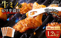 牛ミノ ピリ辛漬け 1.2kg ( 300g × 4パック ) 小分け 個包装 便利 牛肉 ホルモン ミノ 焼肉 焼き肉 お肉 肉 焼くだけ 冷凍 たれ 味付き BBQ アウトドア キャンプ 人気 おすすめ 神奈川 川崎【2026年2月発送】