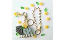 川越唐桟　3wayキーホルダー　着物小物　バッグチャーム　携帯ストラップ　川唐　唐桟織物　木綿　山吹の花　フラワービーズ