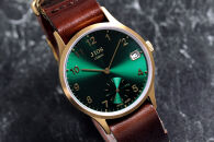 JIOS OMI 日本製 クラシックスタイル クオーツ腕時計 メンズ レディース ウォッチ ユニセックス 男女兼用 Made in Shiga スモールセコンド ゴールド×グリーン 栃木レザー NATOベルト （ブラウン）