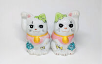 九谷焼　ペア招き猫　クローバー