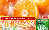 有田みかん専門店&nbsp;有田の太陽®ファミリー&nbsp;早生または晩生&nbsp;有田みかん&nbsp;4.5kg＋補償分100g&nbsp;山採れ・サイズ・等級&nbsp;混合