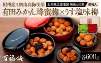 紀州産南高梅 有田みかん蜂蜜梅600g・うす塩味梅600g 紀州黒江塗漆器 梅花と松葉 桐箱入